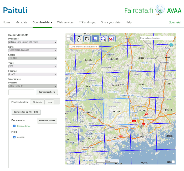 Screenshot of the Paituli download page