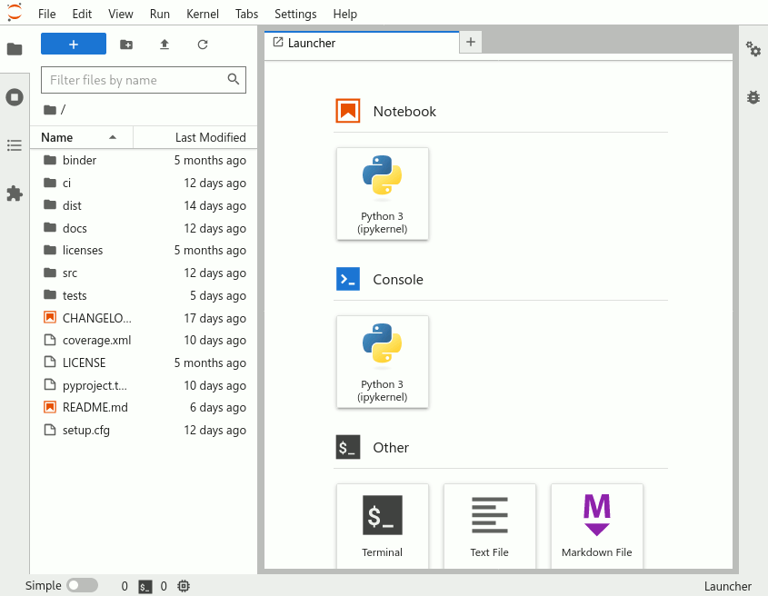 screenshot of the JupyterLab launcher (start screen)